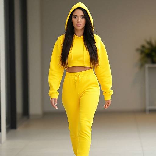 Photograph of a curvy woman with long black hair, wearing a bright yellow hooded crop top and matching jogger pants, walking confidently indoors.