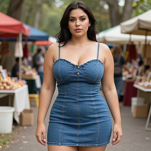 Photograph of a curvy, dark-haired woman in a tight, blue denim dress with lace trim, standing confidently at an outdoor market.