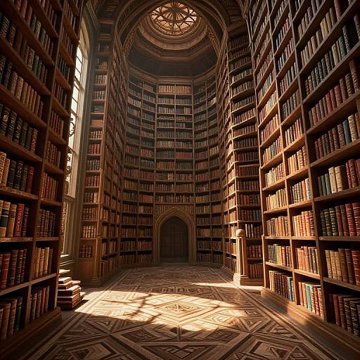 Photograph of a grand, sunlit library with towering bookshelves filled with books, arched ceiling, intricate floor pattern, and central arched