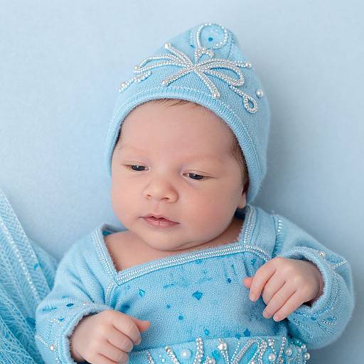 Photograph of a sleeping baby in light blue knitted outfit and matching hat with silver embellishments, against a white background.