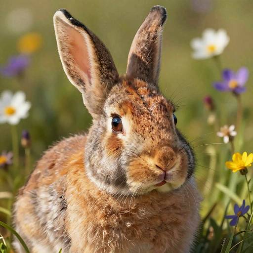 Close-up photograph of a brown rabbit with large ears, standing in a sunny meadow filled with colorful wildflowers and green grass.