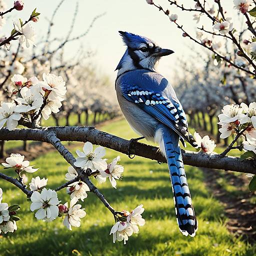 Blue Jay Perched in Blooming Orchard