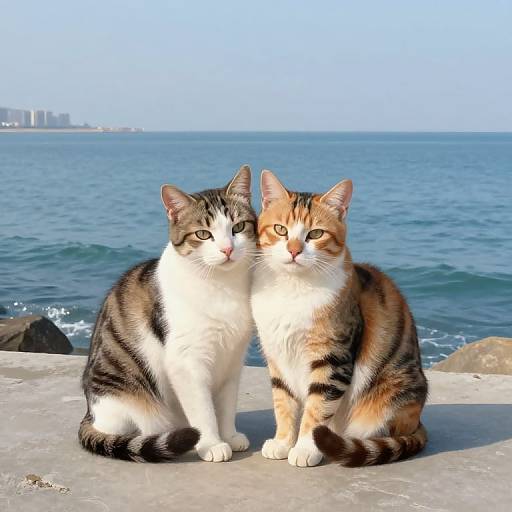 Photograph of two cats, one black and white, the other orange and black, sitting on a concrete ledge by the sea. Blue ocean and clear