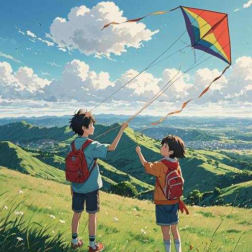 Siblings with Handmade Kite on Hilltop