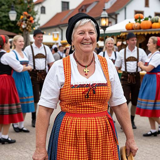 Photograph of an elderly white woman in traditional German Bavarian dress, orange checkered apron, white blouse, black hat, smiling at a festive