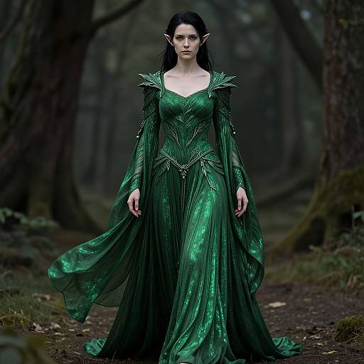 Photograph of a dark-haired elf woman in a shimmering, green, long-sleeved, flowing gown with pointed shoulders, standing in a fog