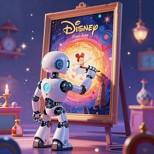 A white robotic artist paints a vibrant Disney-themed canvas of Mickey in a galaxy scene, illuminated by warm light in a cozy, retro-style room.