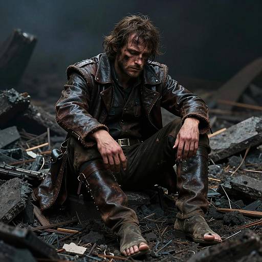 Photograph of a disheveled, dirty man with long brown hair, wearing a worn leather jacket and dark pants, sitting barefoot amidst rubble,