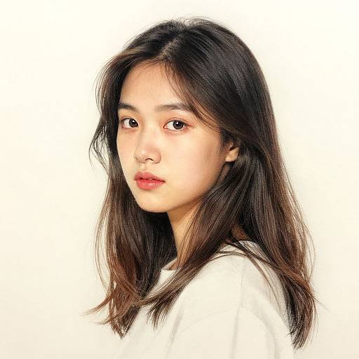 Photograph of an Asian woman with long, straight black hair, fair skin, and brown eyes, wearing a white top, against a plain white background