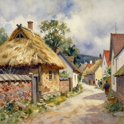 Watercolor painting of a quaint, sunlit village street with thatched-roof cottages, stone walls, and distant trees, showing a few people