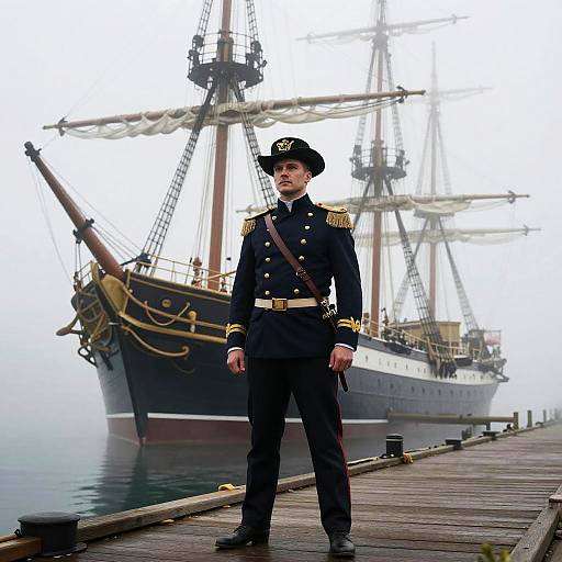 Photograph of a stern-looking male naval officer in black uniform with gold epaulettes standing on a wooden dock, facing a large, foggy