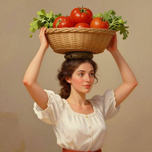 Photograph of a fair-skinned woman with wavy brown hair, wearing a white blouse, balancing a wicker basket of tomatoes and lettuce on her