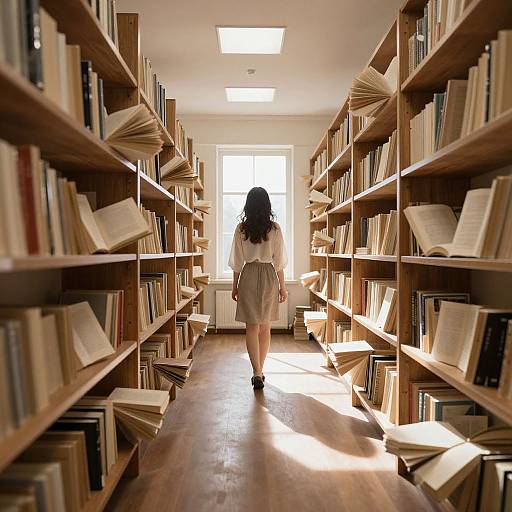Photograph of a woman with long dark hair in a white blouse and beige skirt walking down a sunlit library aisle, flanked by tall wooden book