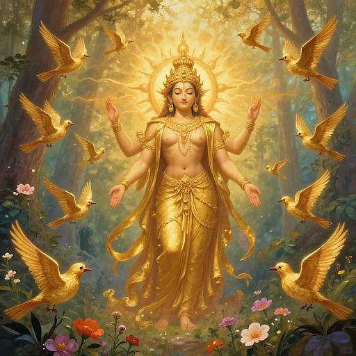 Digital painting of a radiant, golden goddess with multiple arms, surrounded by golden birds, in a lush, enchanted forest with flowers.