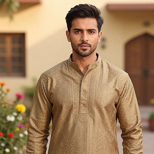 Photograph of a handsome South Asian man with short black hair, light brown skin, and a trimmed beard, wearing a gold embroidered traditional kurtah