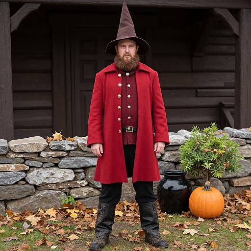 Photograph of a bearded man in a red coat, brown hat, and black boots, standing in front of a wooden cabin with a stone wall