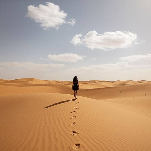 Photograph of a lone figure with long hair walking through golden desert sand dunes, leaving footprints in the sunlit, rippled sand under a