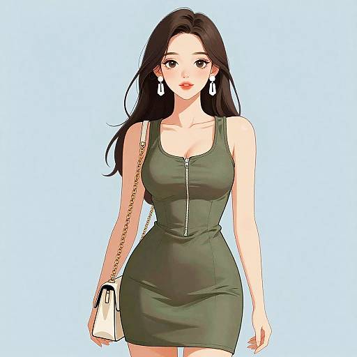 Stylish Woman in Olive Mini Dress
