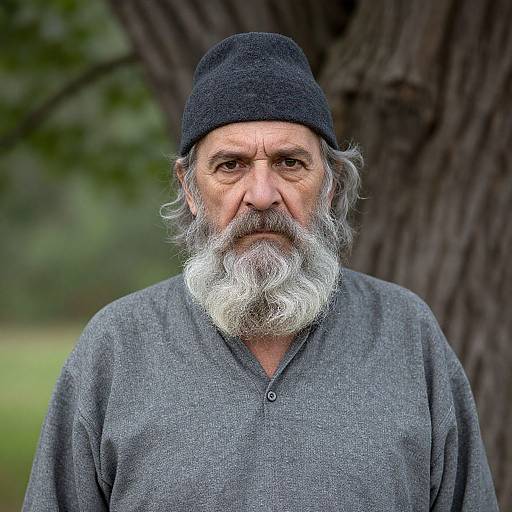 Photograph of an elderly man with a white beard, wearing a black knitted cap and gray henna shirt, standing in front of a large tree