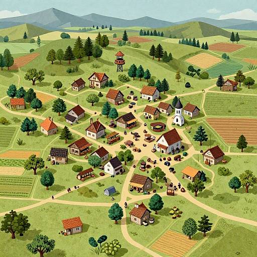 Colorful digital illustration of a quaint rural village with red-roofed houses, green fields, trees, and winding paths set against rolling hills.