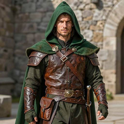 Medieval Male Warrior in Green Hooded Cloak