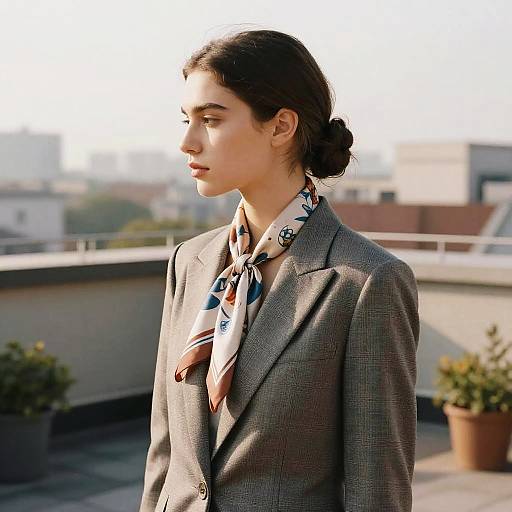 Woman with Half Bun Hairstyle and Tailored Blazer on Rooftop