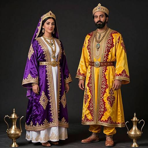 Photograph of a bearded man and woman in traditional royal Mughal attire, with vibrant purple and yellow embroidered robes, gold headpieces, and
