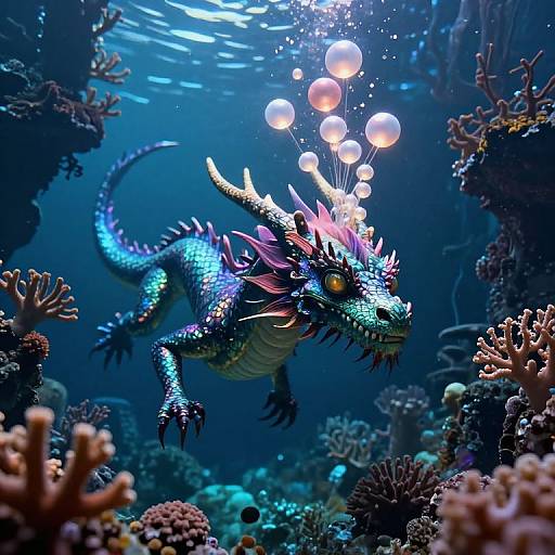 Photograph of a vibrant, bioluminescent, dragon-like fish with purple and blue scales, yellow eyes, and bubbles ascending underwater amidst colorful coral
