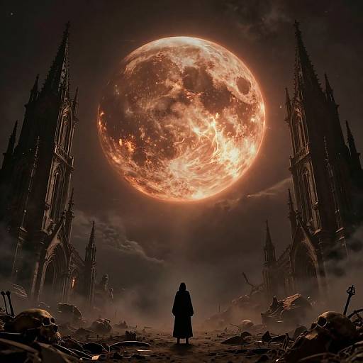 Digital art: Silhouetted figure stands before a glowing, fiery red moon in a dark, gothic cityscape with towering spires, surrounded