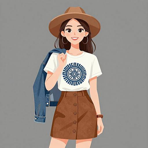 Digital illustration of a smiling woman with brown hair, wearing a brown hat, white shirt with circular logo, brown skirt, denim jacket, large hoop earrings