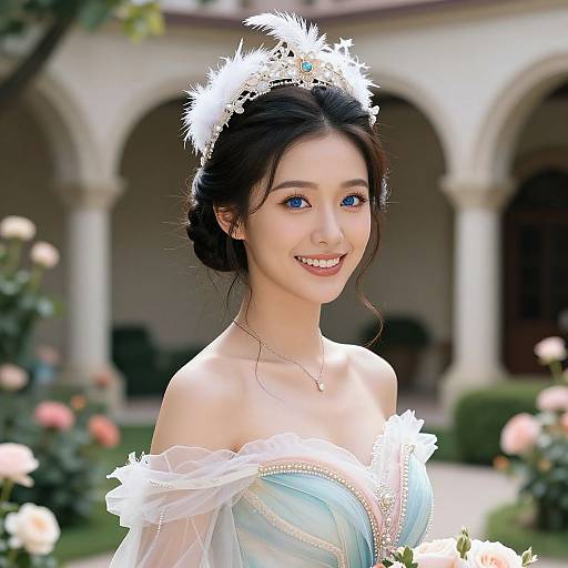 Photograph-like digital art of a smiling Asian woman with blue eyes, wearing a white floral headpiece and light blue off-shoulder gown with lace