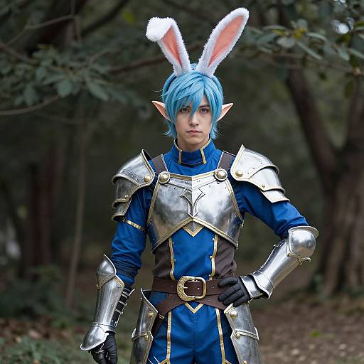 Photograph of a young man in blue cosplay armor with silver shoulder and arm guards, white bunny ears, blue hair, and elf ears, standing confidently