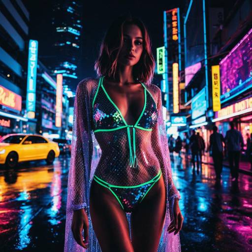 Woman in Neon Bikinis in Urban Night Scene