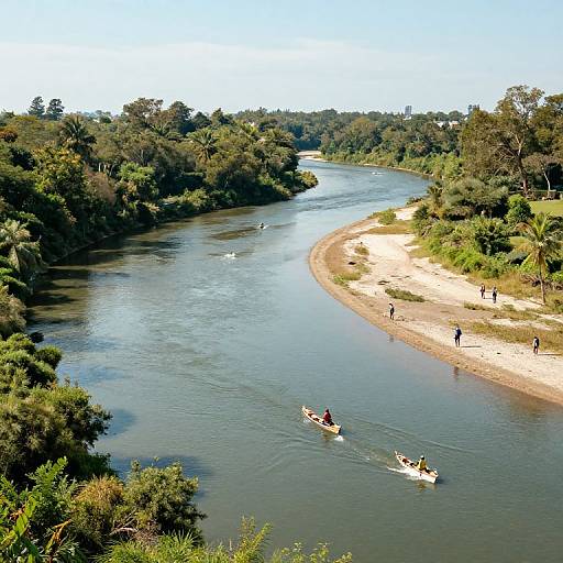 Aerial photograph of a winding river with green trees on both sides, people kayaking and walking on a sandy beach.