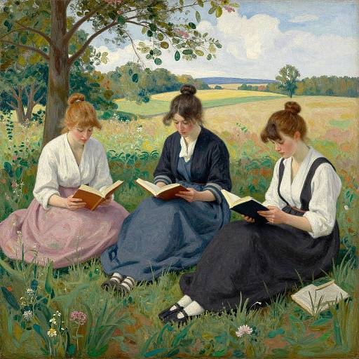 Three women in Victorian clothing sit under a tree reading books in a colorful, sunlit meadow. Oil painting, realistic style.