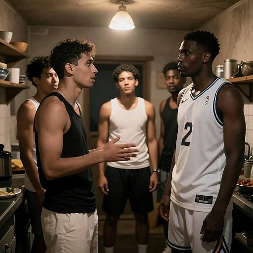 Men Gathering in Rustic Kitchen Setting