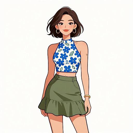 Digital anime-style illustration of a smiling woman with short brown hair, wearing a blue floral crop top, green pleated skirt, hoop earrings, and a