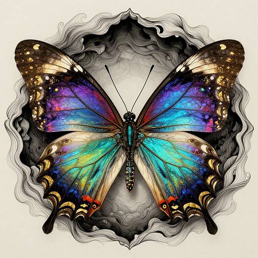 Vibrant, detailed digital artwork of a butterfly with iridescent blue, green, purple, and gold wings, framed by wavy, black