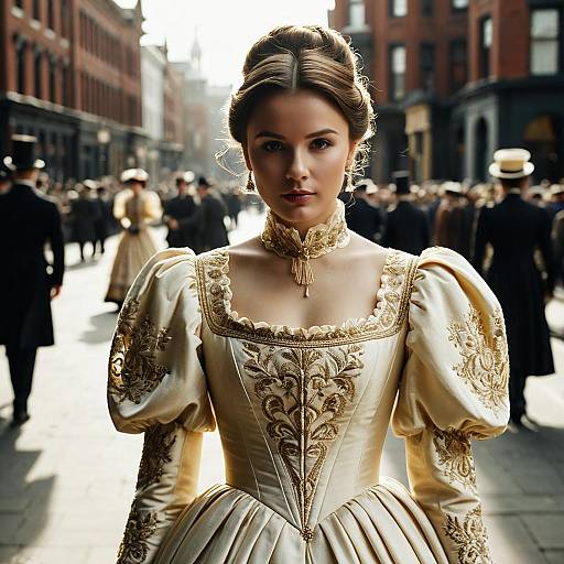 Young Woman in Victorian Pale Gold Dress