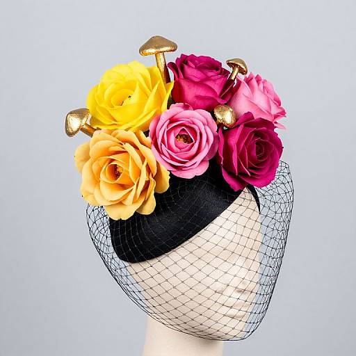 Photograph of a white headpiece with a black netting, adorned with yellow, pink, and red roses, and gold-tipped mushroom accents.