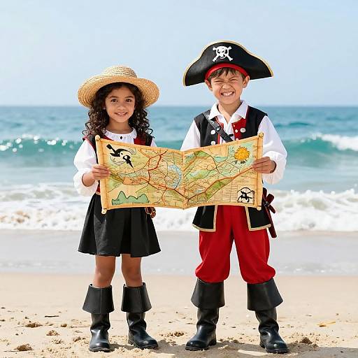 Photograph of two young children in pirate costumes holding a colorful pirate map on a sunny beach with waves in the background. Girl on left, boy on