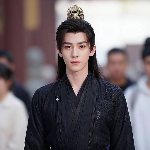 Photograph of a young East Asian male with long black hair, wearing a black traditional kimono and ornate hairpiece, standing against a blurred outdoor