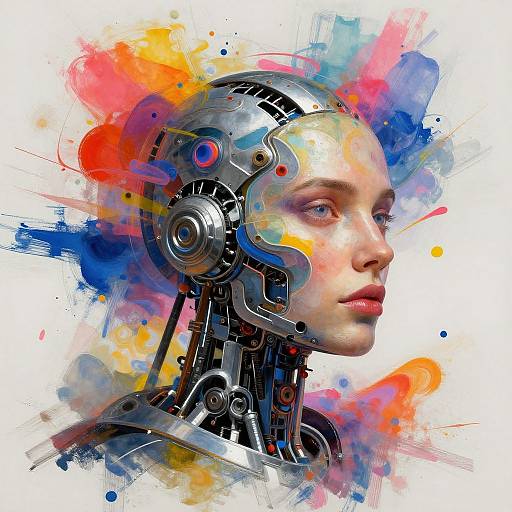 Digital artwork of a cybernetic female head with metallic parts, vibrant splashes of red, blue, orange, and yellow, white background.