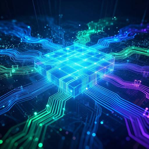 Digital artwork of a glowing, blue, hexagonal network with neon green, purple, and turquoise lines radiating outward on a dark, circuit-like background