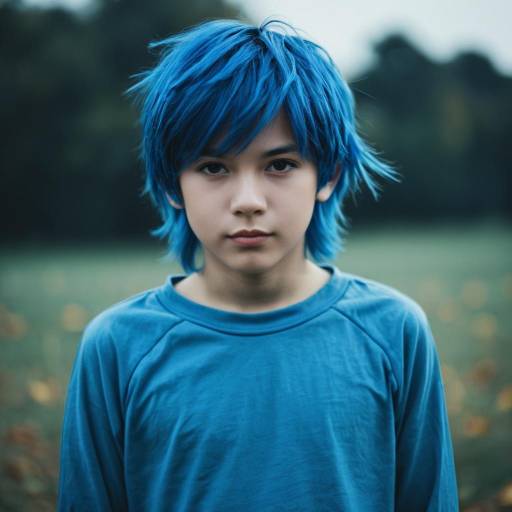Boy with Blue Hair in Blue Shirt