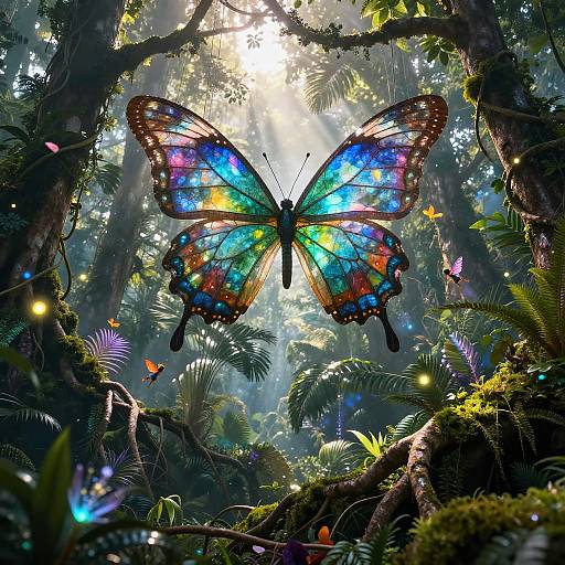 Vibrant, multicolored butterfly with iridescent wings in a sunlit, lush forest, surrounded by glowing fireflies and misty sunlight
