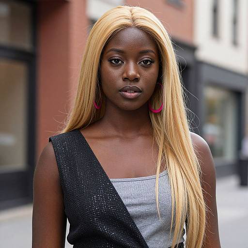 Photograph of a young Black woman with long, straight, blonde hair, wearing a gray tank top, black textured shoulder bag, and pink hoop earrings