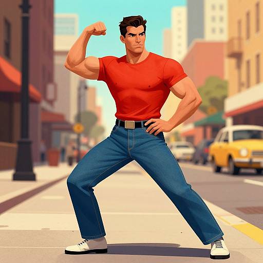 Retro Muscular Man on Vibrant City Street