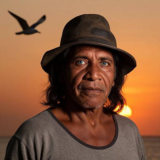 Photograph of a middle-aged, dark-skinned man with blue eyes, wearing a black hat and gray shirt, against an orange sunset with a flying