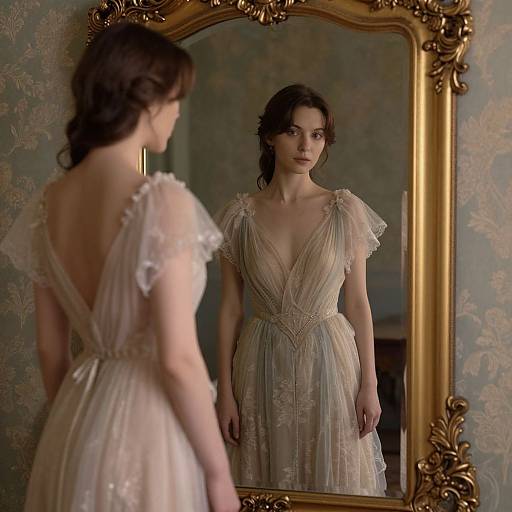 Photograph of a pale-skinned woman with dark brown hair, wearing a sheer, Victorian-style, backless, white lace dress, standing in front